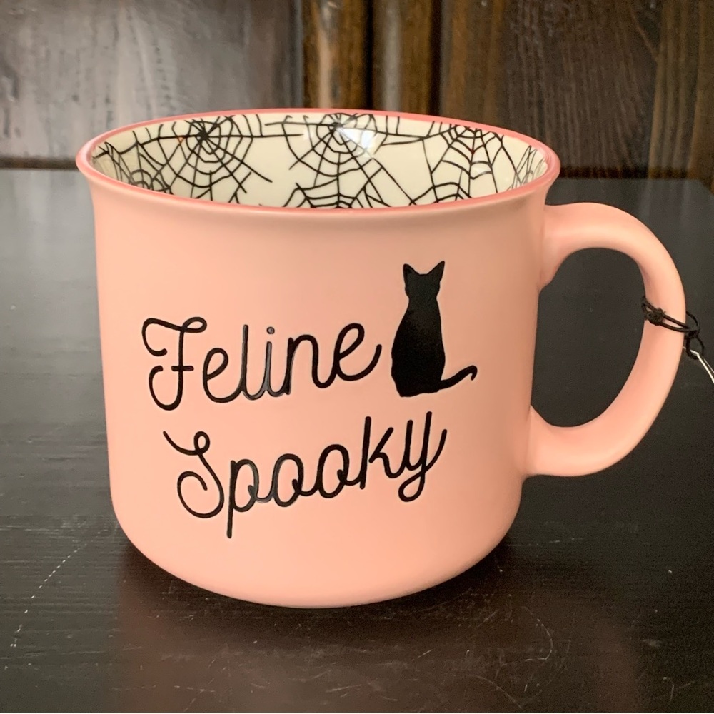 Feline Spooky Black Cat - Pink Halloween Mug with Spider Web Interior